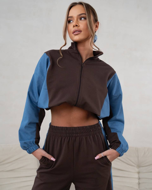 Komplet dresowy bluza na zamek + spodnie wide leg czekoladowo-niebieski (821151)