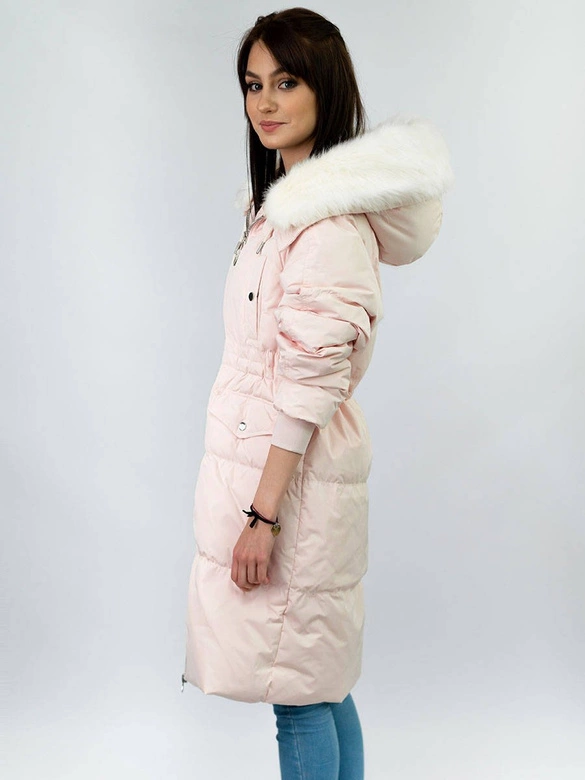 DAMSKI ZIMOWY PŁASZCZ Z KAPTUREM I PUCHEM NATURALNYM ŁOSOSIOWY (17117)