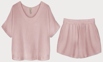 Bawełniany komplet t-shirt i szorty pudrowy róż (34437)