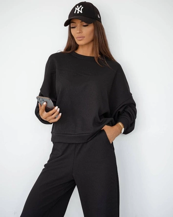 Waflowy komplet damski bluza + spodnie czarny (821108)