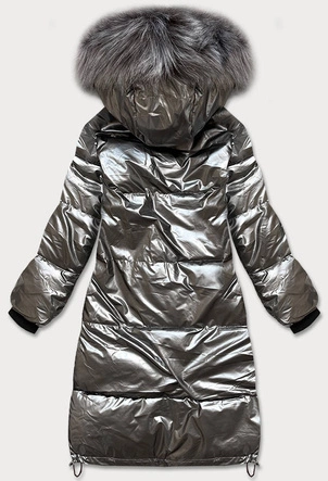DŁUGA METALICZNA KURTKA DAMSKA ZIMOWA SZARA (1917-1)