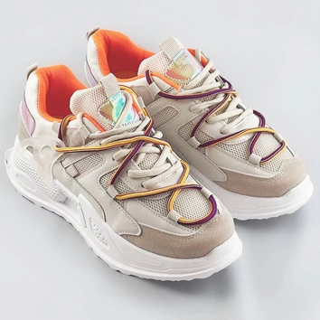 Sneakersy damskie z podwójnymi sznurówkami beżowe (7001)