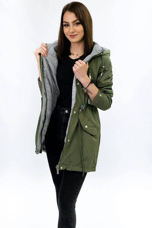 DWUSTRONNA PARKA Z KAPTUREM KHAKI-SZARA (W0232)