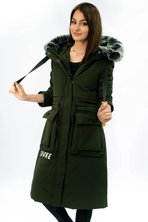 PŁASZCZ DAMSKI ZIMOWY Z PUCHEM NATURALNYM KHAKI (X7087X)