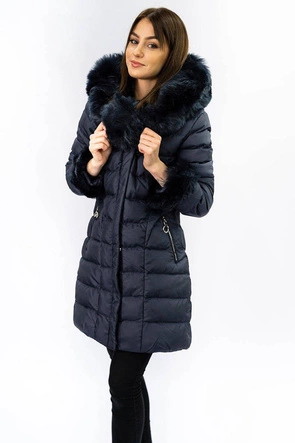 PIKOWANA KURTKA DAMSKA ZIMOWA Z KAPTUREM GRANATOWA (W765-1)