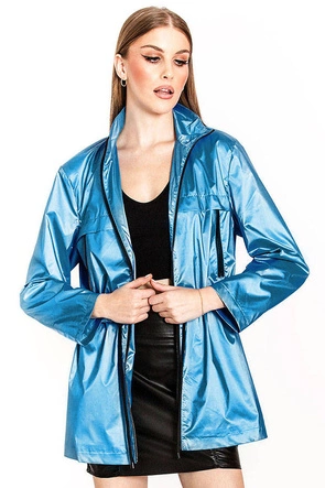 Cienka kurtka damska ze stójką niebieska (ag5-017)