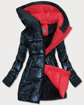 BŁYSZCZĄCA ZIMOWA KURTKA DAMSKA GRANATOWO-CZERWONA (R9545)