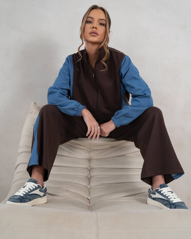 Komplet dresowy bluza na zamek + spodnie wide leg czekoladowo-niebieski (821151)