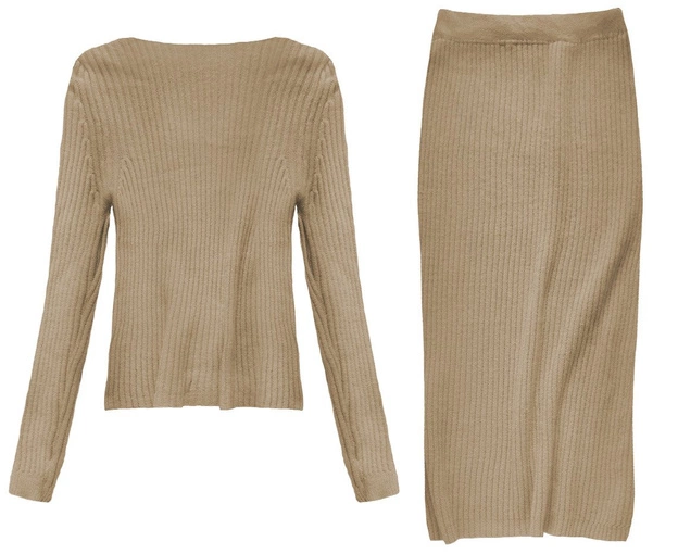 KOMPLET A'LA WEŁNIANY SWETER+SPÓDNICA KARMELOWY (157/1ART)