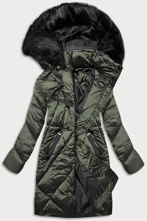 DŁUGA KURTKA ZIMOWA DAMSKA ZIELONY CIEMNY (23070-3)