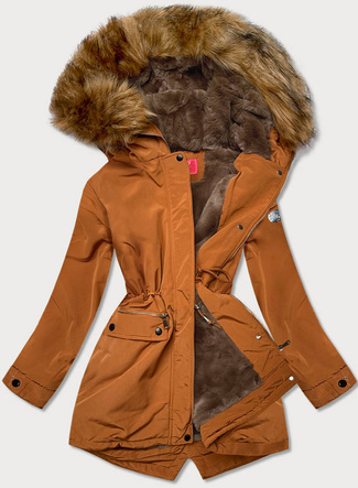 Zimowa parka damska na futrze karmelowa (m21312)