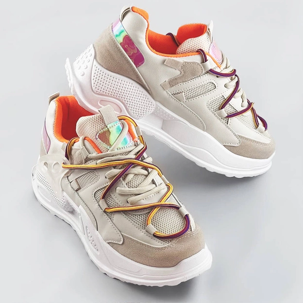 Sneakersy damskie z podwójnymi sznurówkami beżowe (7001)