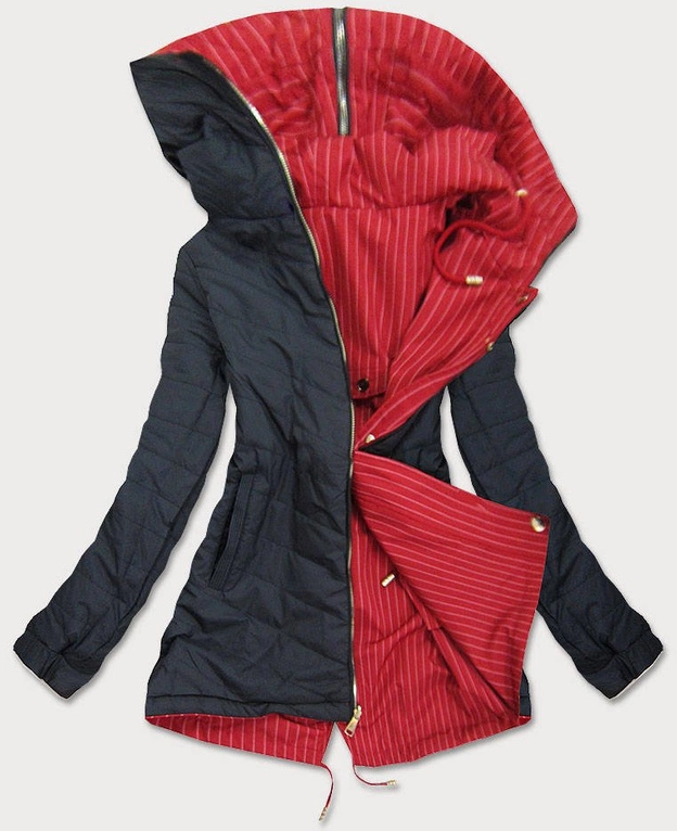DWUSTRONNA KURTKA Z KAPTUREM W PASKI CZERWONO-CZARNA (W659BIG)