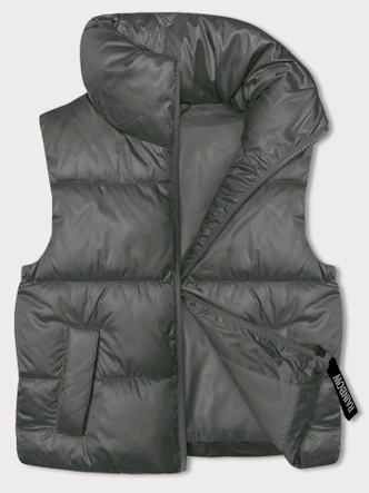 Krótki bezrękawnik damski ze stójką szarozielony (B8245-70)