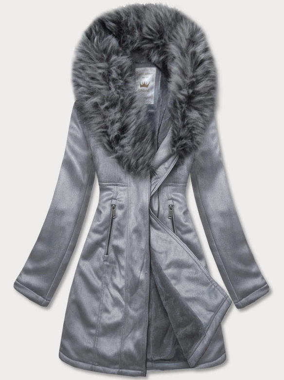 ZAMSZOWA KURTKA DAMSKA Z FUTERKIEM SZARA (6517BIG)