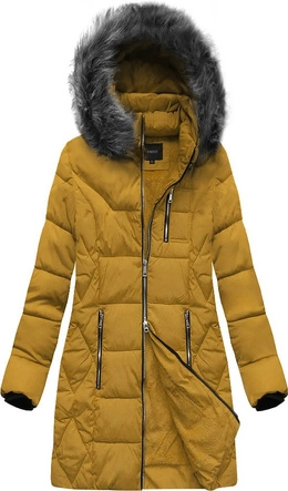 DŁUŻSZA ZIMOWA KURTKA DAMSKA Z KAPTUREM ŻÓŁTA (B9902)