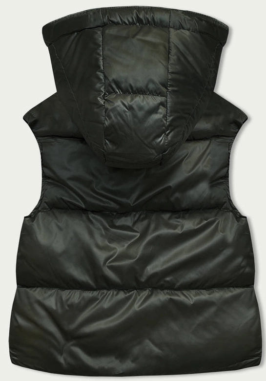 Krótki bezrękawnik damski z kapturem khaki (B8156-11)