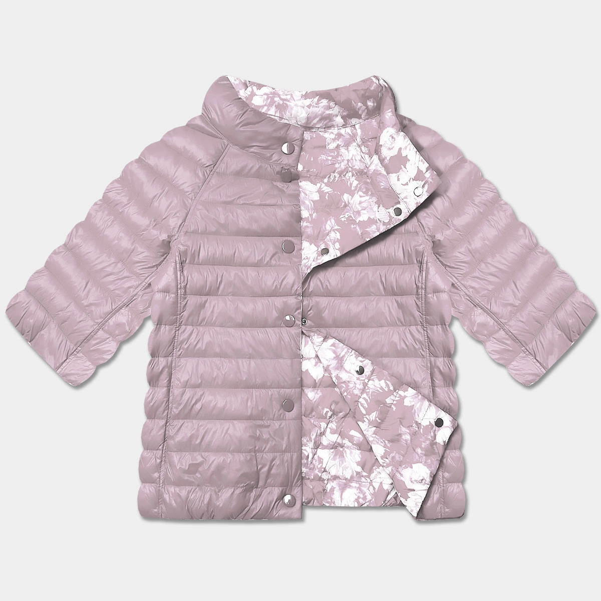 Dwustronna kurtka damska plus size z rękawem 3/4 Minority brudny róż/kwiaty (M23-7010-52)