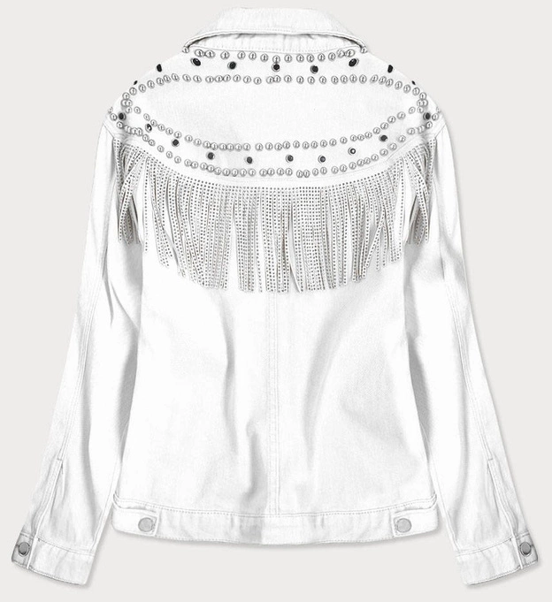 JEANSOWA KURTKA DAMSKA Z DŻETAMI I FRĘDZLAMI BIAŁA (A8306)