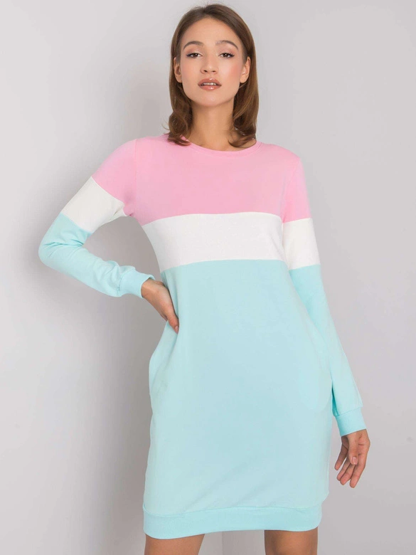 Trójkolorowa długa bluza damska z kieszeniami róż/ecru/mięta (5869)