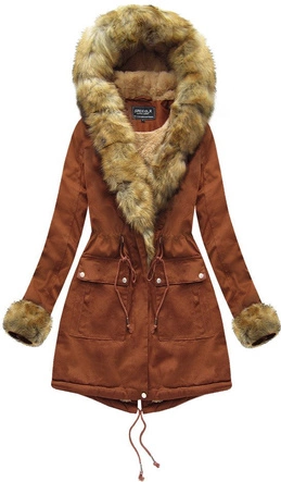 BAWEŁNIANA DAMSKA PARKA ZIMOWA Z FUTREM KARMELOWA (XW805X)