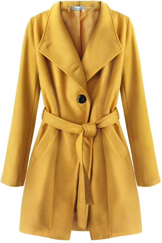 WIĄZANY PŁASZCZ ZE STÓJKĄ MUSZTARDOWY (196ART)