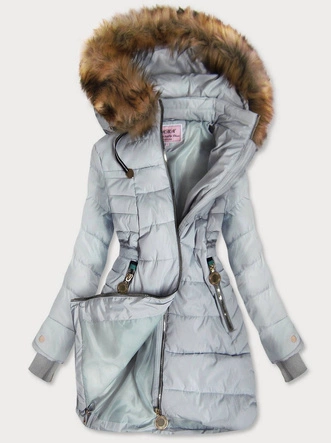 PIKOWANA KURTKA DAMSKA ZIMOWA  Z KAPTUREM SZAROMIĘTOWA (W721)