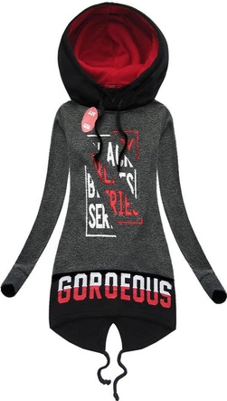 DŁUGA BLUZA Z NADRUKAMI I KAPTUREM GRAFITOWA (X1720X)