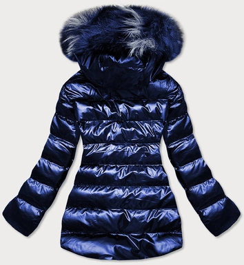 BŁYSZCZĄCA KURTKA ZIMOWA Z WZORZYSTYMI WSTAWKAMI GRANATOWA (XW809X)