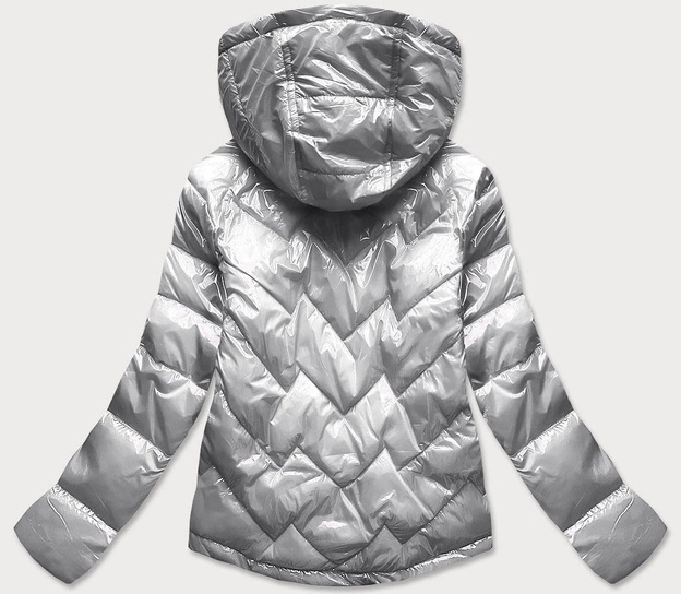 Pikowana kurtka damska z kapturem srebrna (b9562)