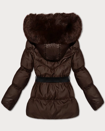 Zimowa kurtka z kapturem i paskiem J Style brązowa (5M3322-158)