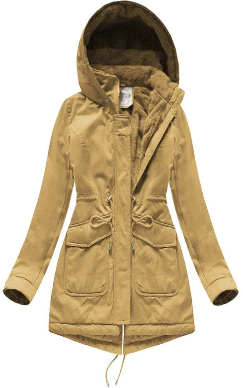 Damska zimowa parka z kapturem musztardowa (7617)