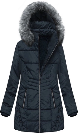 DŁUŻSZA PIKOWANA KURTKA DAMSKA Z KAPTUREM GRANATOWA (B2625-30)