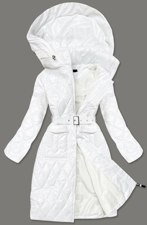 DŁUGA PIKOWANA KURTKA Z PASKIEM BIAŁA (7257)