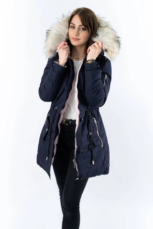 Dwustronna damska kurtka zimowa z kapturem granatowo-różowa (w631)