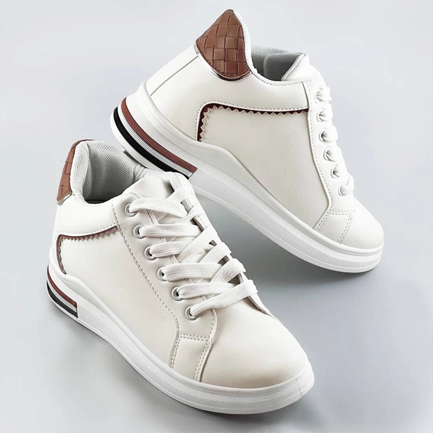 Sportowe buty na ukrytym koturnie biało-brązowe (666-16)