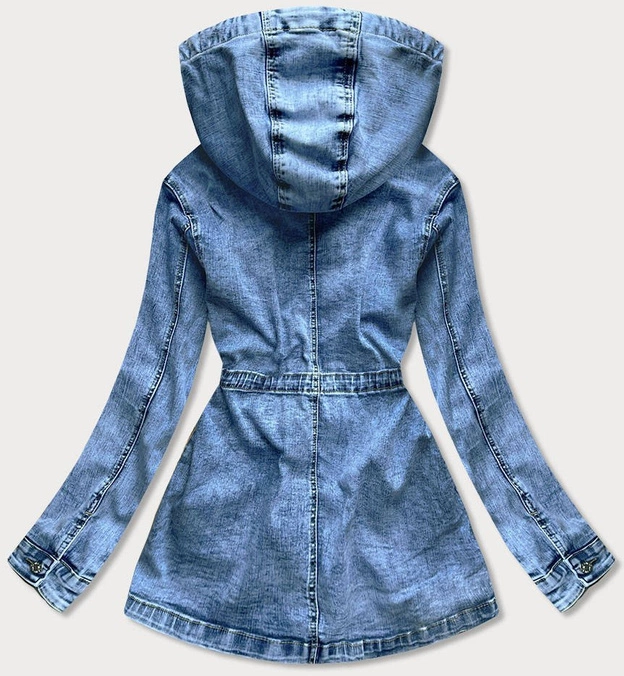 DŁUGA JEANSOWA DAMSKA KURTKA Z KAPTUREM (5806-K)