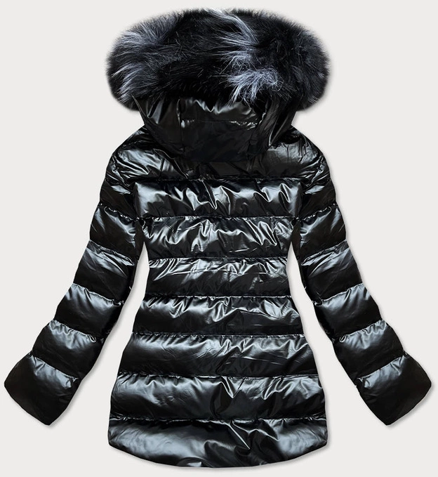 BŁYSZCZĄCA KURTKA ZIMOWA Z WZORZYSTYMI WSTAWKAMI CZARNA (XW809X)