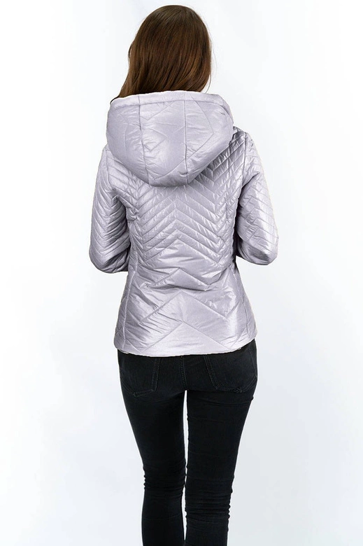 Krótka pikowana kurtka damska z kapturem szara (b9566)
