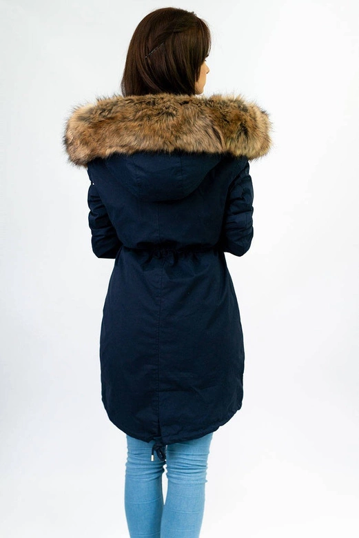 Zimowa damska parka z podpinką i kapturem granatowa (7626)
