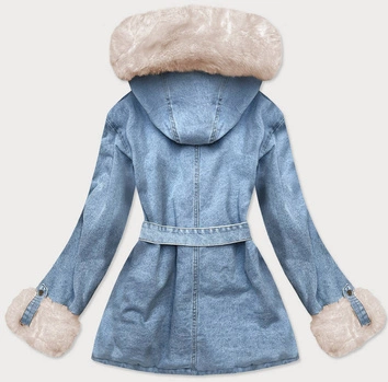 DAMSKA KURTKA JEANSOWA Z FUTRZANĄ PODSZEWKĄ NIEBIESKO - BEŻOWA (9026#)