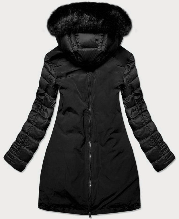 Zimowa kurtka damska z łączonych materiałów czarna (7708)