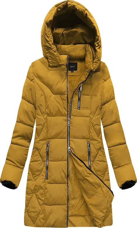 DŁUŻSZA ZIMOWA KURTKA DAMSKA Z KAPTUREM ŻÓŁTA (B9902)