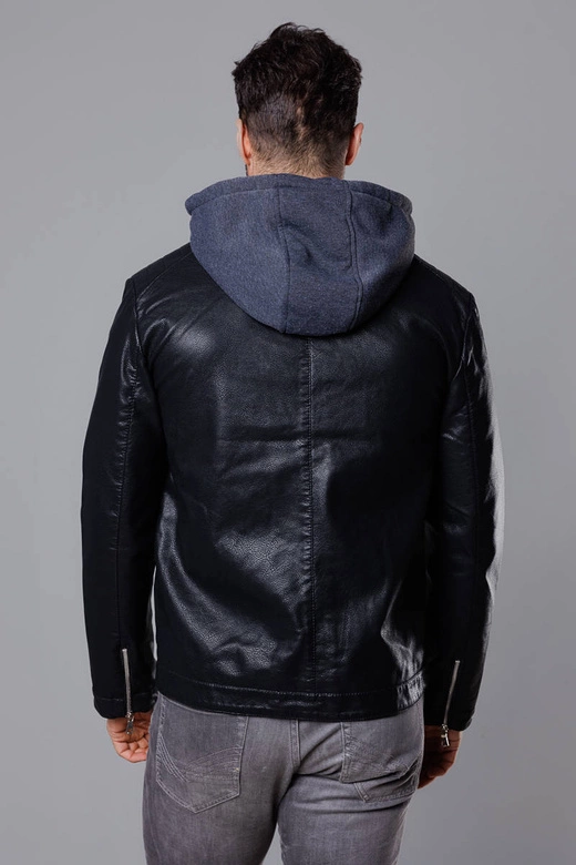 Kurtka męska z dresowym kapturem ekoskóra czarna (11Z8022)