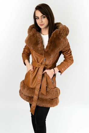 DŁUŻSZA RAMONESKA Z FUTRZANYM KAPTUREM BRĄZOWA (0583)