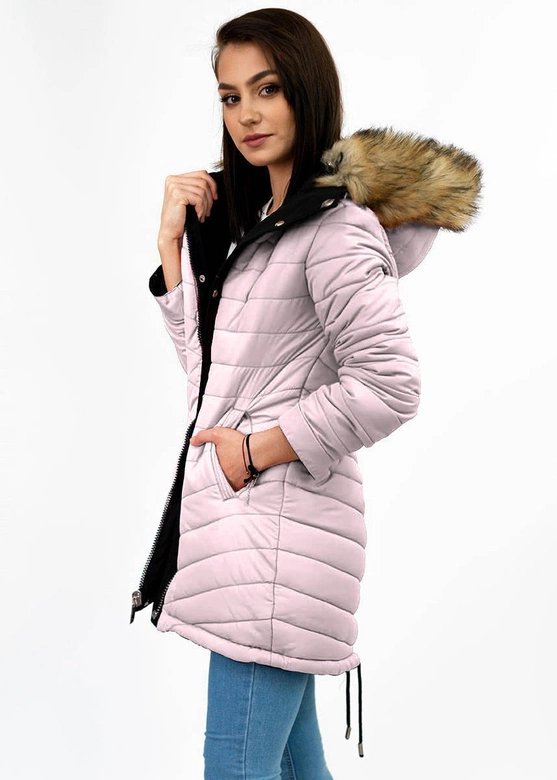 Dwustronna damska kurtka zimowa z kapturem granatowo-różowa (w211)