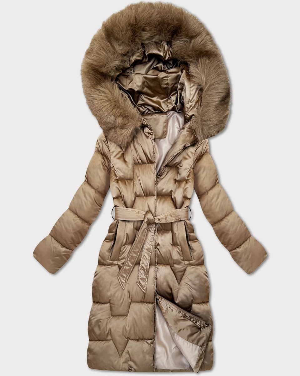 Zimowa damska kurtka z paskiem S'West beżowa (B8305-12)