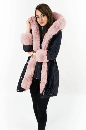 DAMSKA PARKA ZIMOWA Z FUTREM GRANATOWO-RÓŻOWA (B9550)