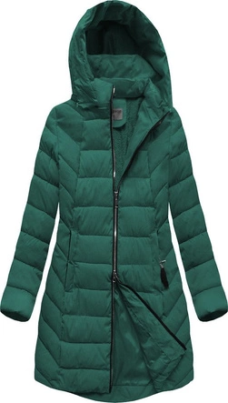 DŁUŻSZA ZIMOWA KURTKA DAMSKA Z KAPTUREM CIEMNOZIELONA (B2646)