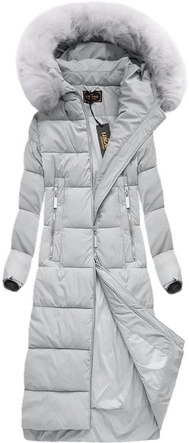 Długa damska kurtka zimowa z kapturem szara (7688)